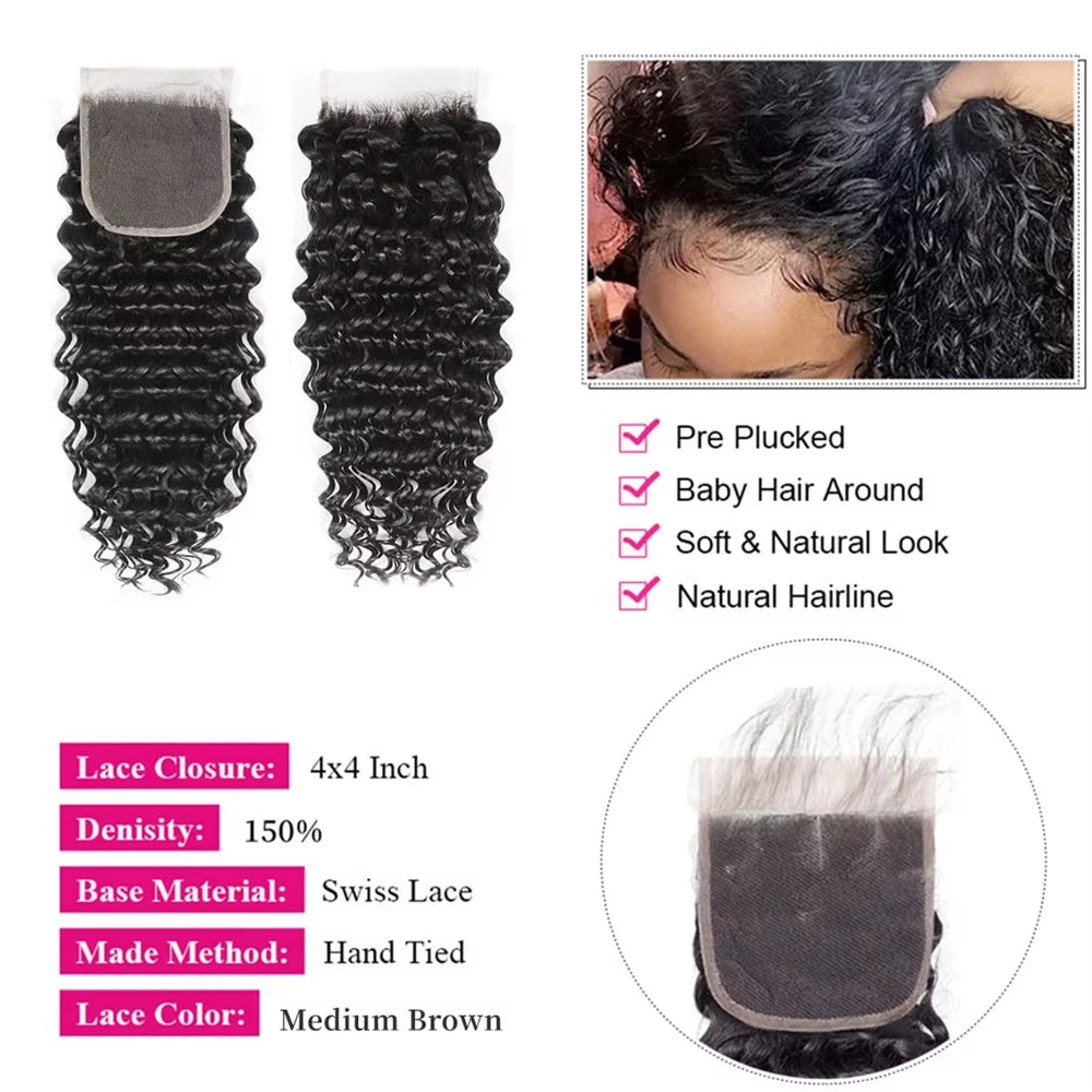Deep Wave 3 Bundle With Closure 100% Human Hair
