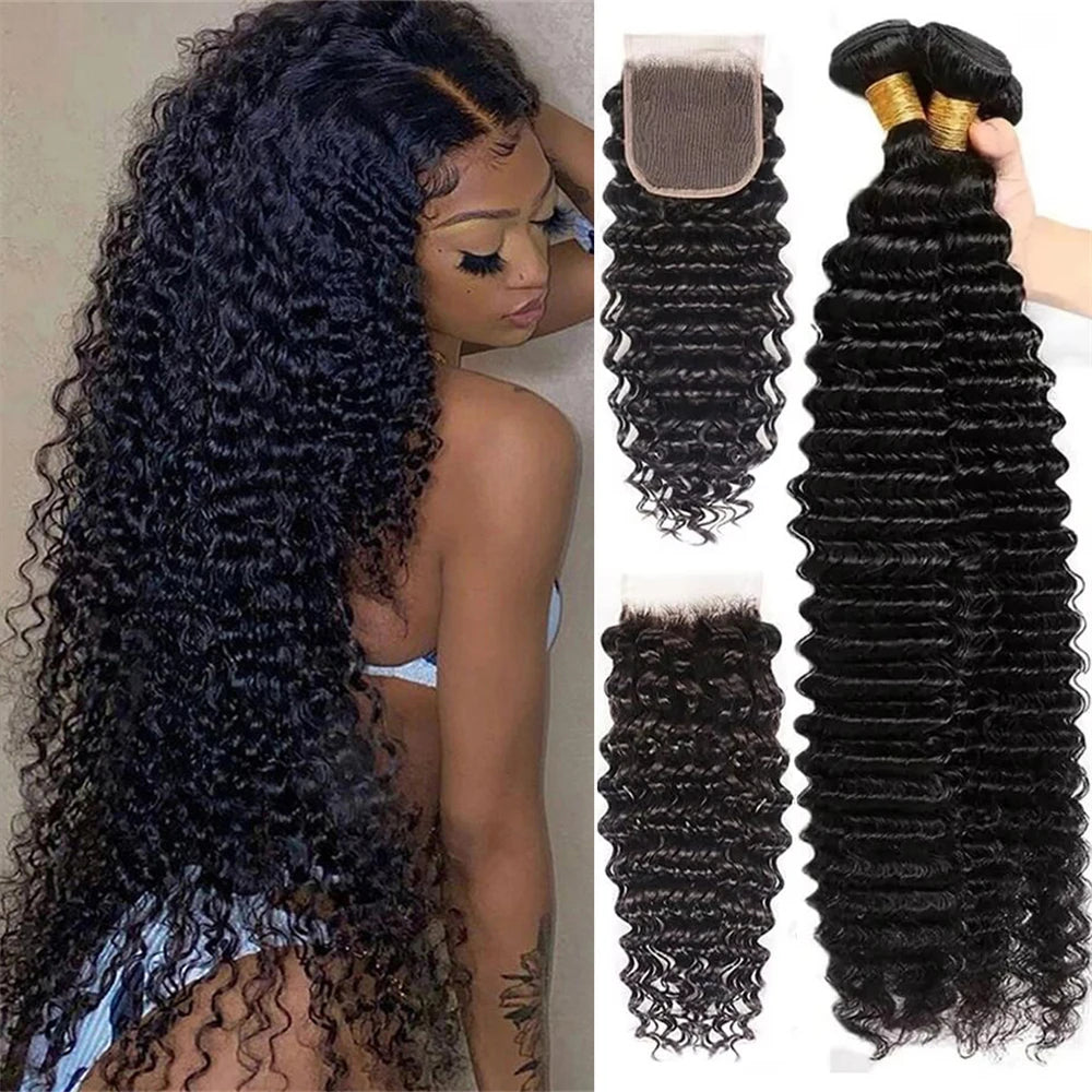 Deep Wave 3 Bundle With Closure 100% Human Hair