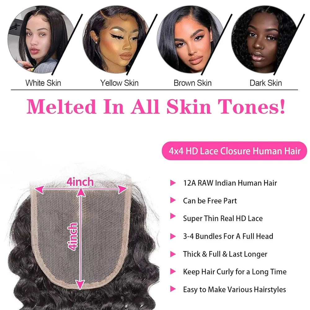 Deep Wave 3 Bundle With Closure 100% Human Hair
