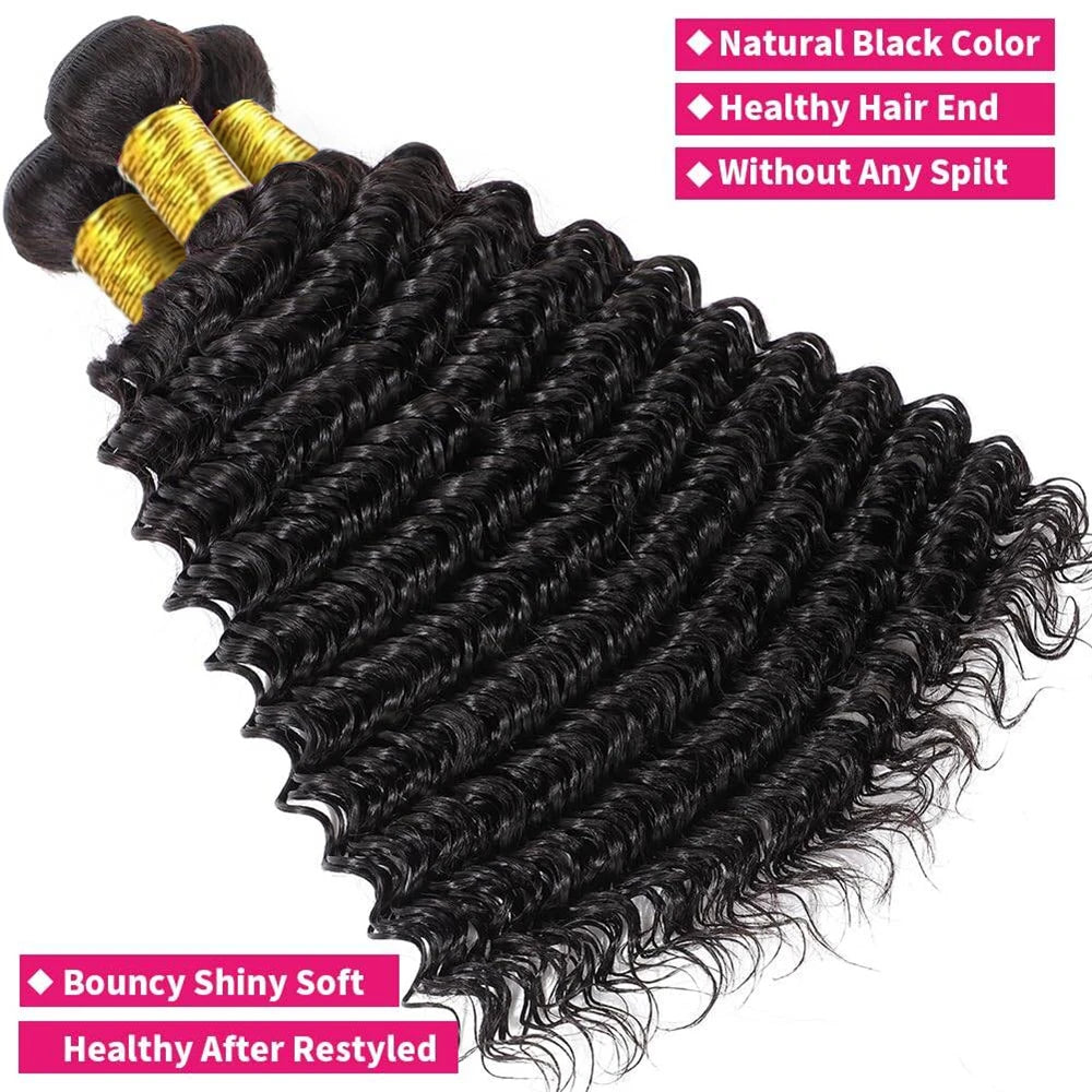 Deep Wave 3 Bundle With Closure 100% Human Hair